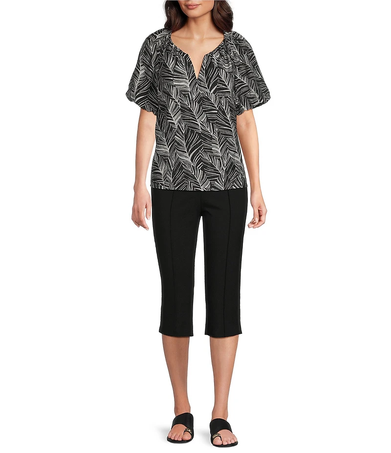 Investments Petite Size Palm Stencil Print 3/4 Bubble Sleeve Split Round Neck Blouse