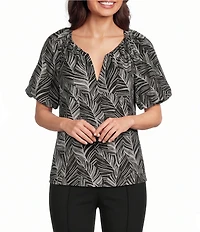 Investments Petite Size Palm Stencil Print 3/4 Bubble Sleeve Split Round Neck Blouse