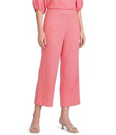Investments Petite Size Palm Tree Embroidery Pull-On Wide Leg Crop Coordinating Pants