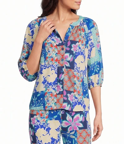 Investments Petite Size Patchwork Floral Print 3/4 Sleeve Embroidery Y-Neck Button Down Coordinating Blouse