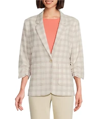 Investments Petite Size Plaid 3/4 Ruched Sleeve Notch Lapel Lined Button Front Blazer