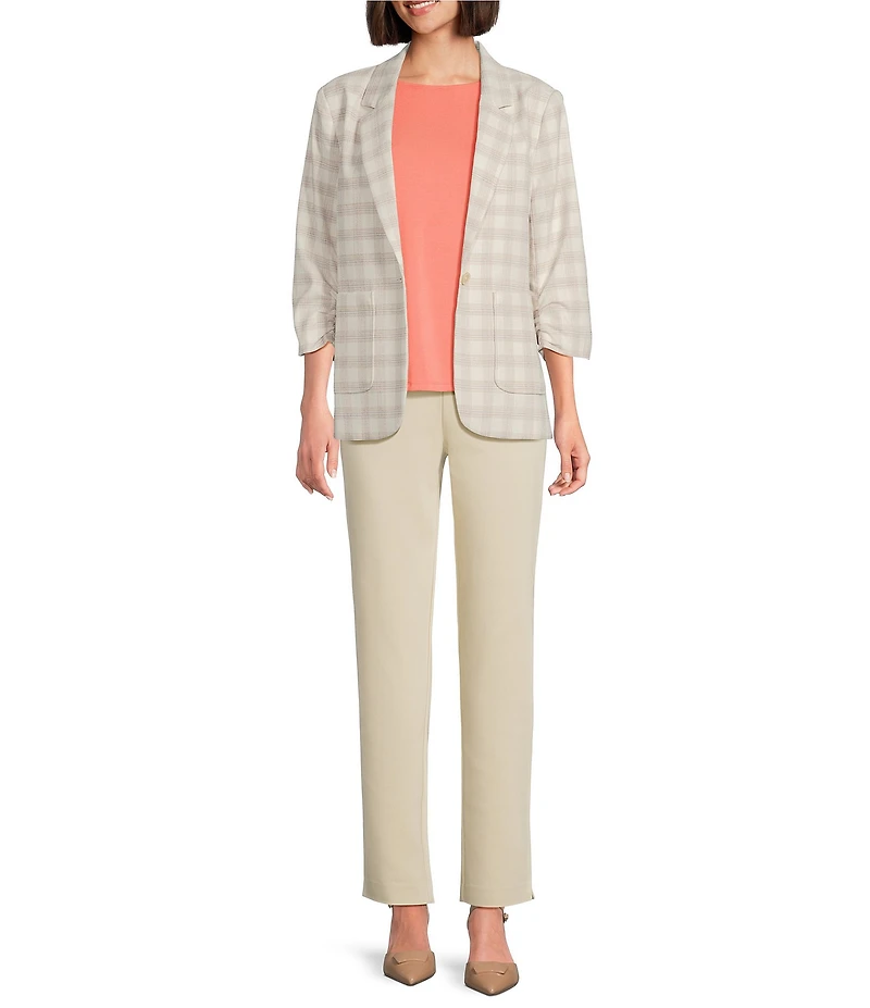 Investments Petite Size Plaid 3/4 Ruched Sleeve Notch Lapel Lined Button Front Blazer