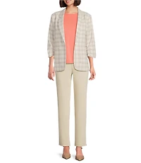 Investments Petite Size Plaid 3/4 Ruched Sleeve Notch Lapel Lined Button Front Blazer