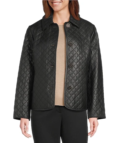 Investments Petite Size Platinum Suiting Quilted Genuine Lamb Leather Point Collar Button Front Long Sleeve Jacket