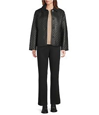 Investments Petite Size Platinum Suiting Quilted Genuine Lamb Leather Point Collar Button Front Long Sleeve Jacket
