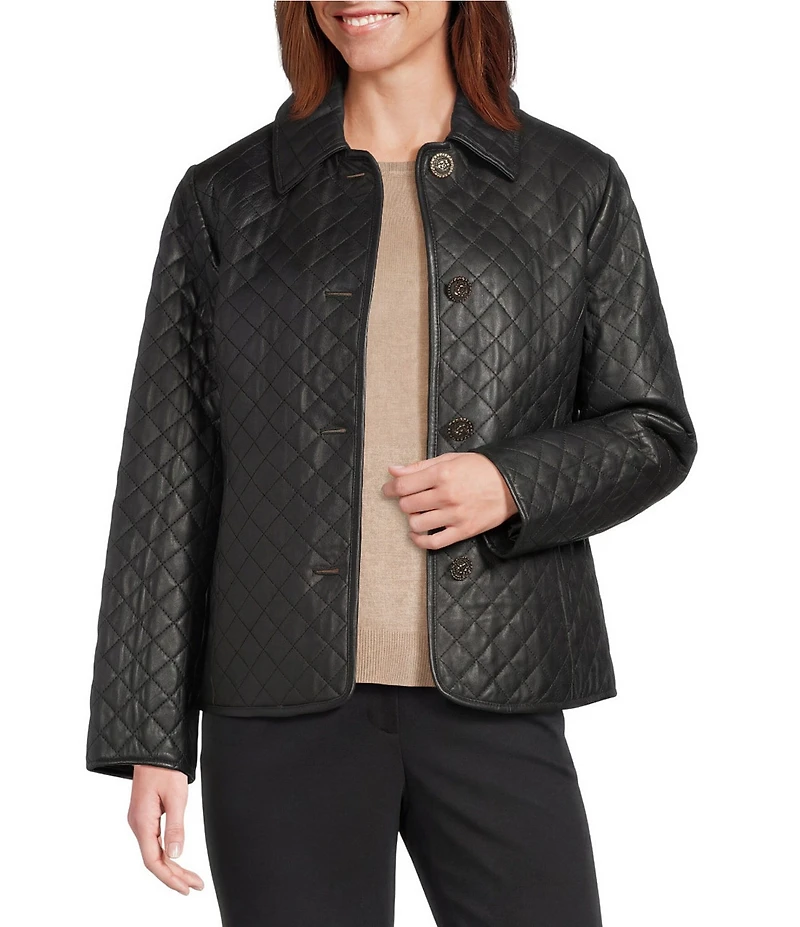 Investments Petite Size Platinum Suiting Quilted Genuine Lamb Leather Point Collar Button Front Long Sleeve Jacket