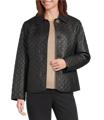 Investments Petite Size Platinum Suiting Quilted Genuine Lamb Leather Point Collar Button Front Long Sleeve Jacket