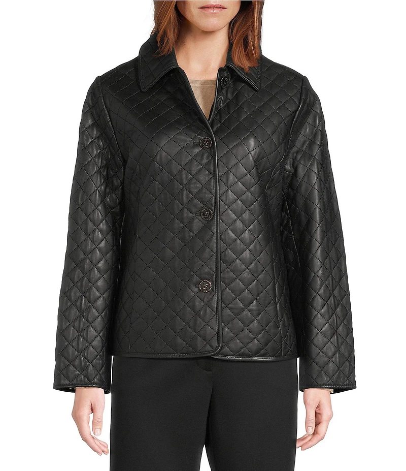 Investments Petite Size Platinum Suiting Quilted Genuine Lamb Leather Point Collar Button Front Long Sleeve Jacket