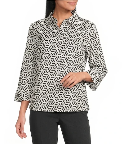 Investments Petite Size Rachel Black White Geo Print 3/4 Sleeve Point Collar Button Front Shirt
