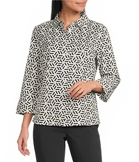 Investments Petite Size Rachel Black White Geo Print 3/4 Sleeve Point Collar Button Front Shirt