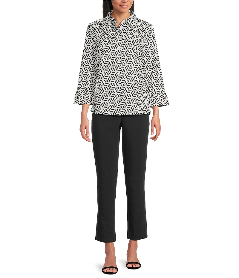 Investments Petite Size Rachel Black White Geo Print 3/4 Sleeve Point Collar Button Front Shirt