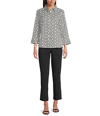 Investments Petite Size Rachel Black White Geo Print 3/4 Sleeve Point Collar Button Front Shirt