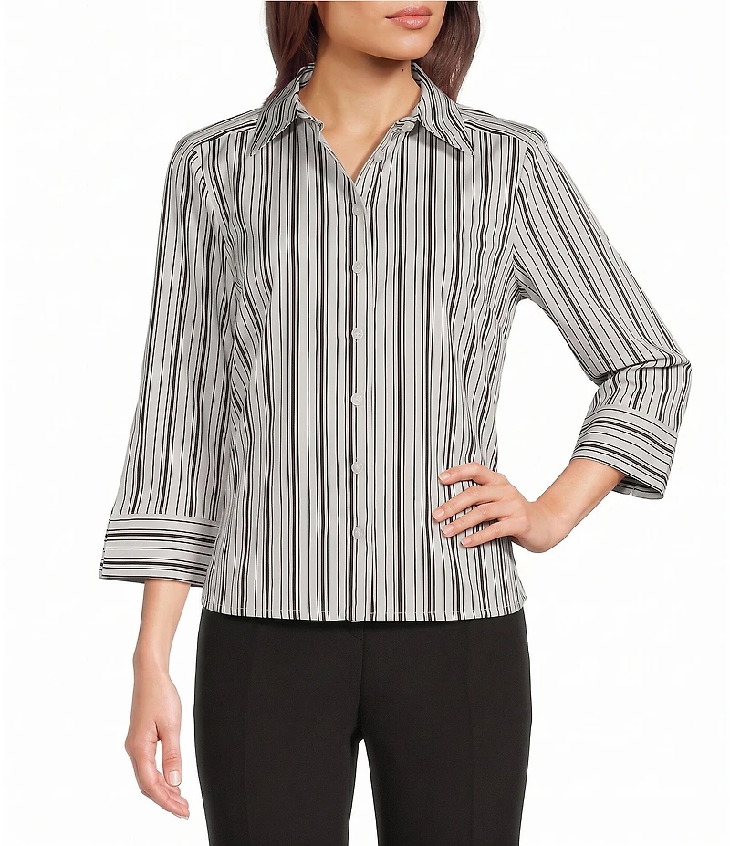 Investments Petite Size Rachel Black/White Stripe Print 3/4 Sleeve Point Collar Button Front Shirt