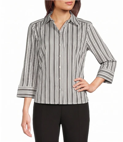 Investments Petite Size Rachel Black/White Stripe Print 3/4 Sleeve Point Collar Button Front Shirt