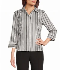 Investments Petite Size Rachel Black/White Stripe Print 3/4 Sleeve Point Collar Button Front Shirt