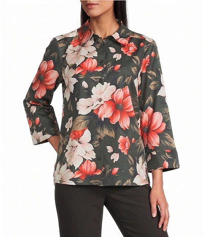 Investments Petite Size Rachel Elegant Floral Print 3/4 Sleeve Point Collar Button Front Shirt