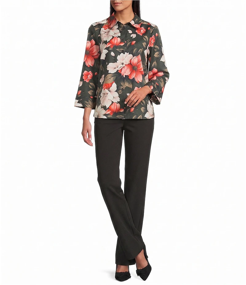 Investments Petite Size Rachel Elegant Floral Print 3/4 Sleeve Point Collar Button Front Shirt