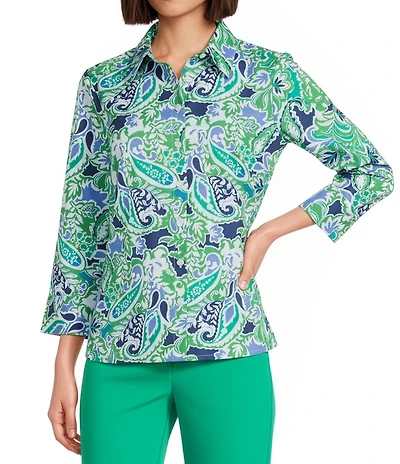 Investments Petite Size Rachel Multi Paisley Delight Print 3/4 Sleeve Point Collar Button Front Shirt