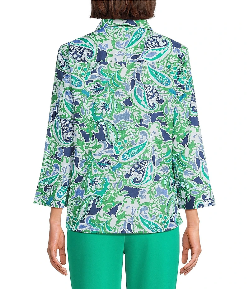 Investments Petite Size Rachel Multi Paisley Delight Print 3/4 Sleeve Point Collar Button Front Shirt