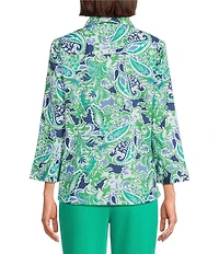 Investments Petite Size Rachel Multi Paisley Delight Print 3/4 Sleeve Point Collar Button Front Shirt