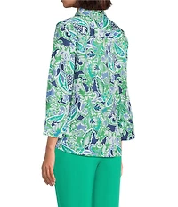 Investments Petite Size Rachel Multi Paisley Delight Print 3/4 Sleeve Point Collar Button Front Shirt