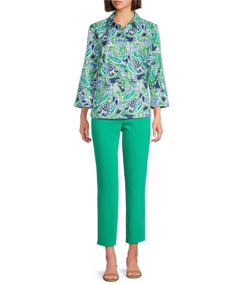 Investments Petite Size Rachel Multi Paisley Delight Print 3/4 Sleeve Point Collar Button Front Shirt