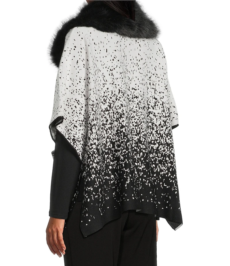 Investments Petite Size Removeable Faux Fur Collar Two-Way Zip Front Salt Pepper Sweater Poncho