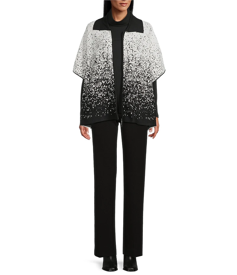 Investments Petite Size Removeable Faux Fur Collar Two-Way Zip Front Salt Pepper Sweater Poncho