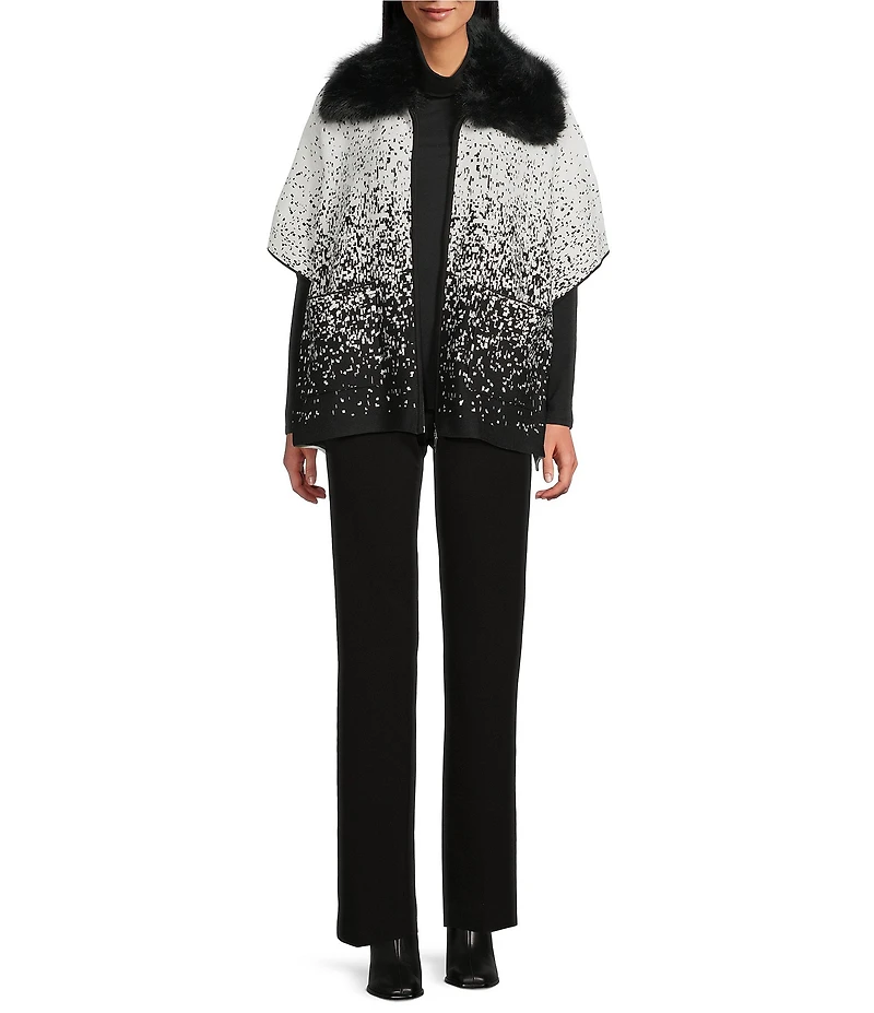 Investments Petite Size Removeable Faux Fur Collar Two-Way Zip Front Salt Pepper Sweater Poncho