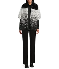 Investments Petite Size Removeable Faux Fur Collar Two-Way Zip Front Salt Pepper Sweater Poncho
