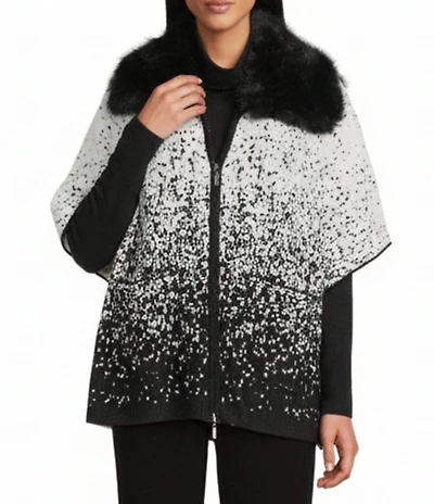 Investments Petite Size Removeable Faux Fur Collar Two-Way Zip Front Salt Pepper Sweater Poncho