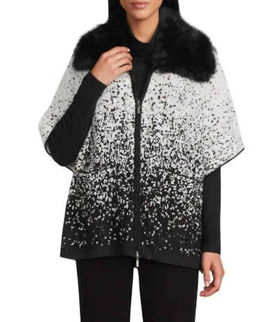 Investments Petite Size Removeable Faux Fur Collar Two-Way Zip Front Salt Pepper Sweater Poncho