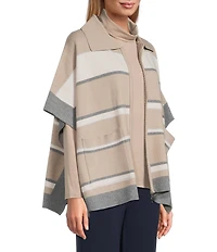 Investments Petite Size Removeable Faux Fur Collar Two-Way Zip Front Stripe Sweater Poncho