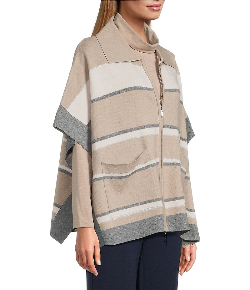 Investments Petite Size Removeable Faux Fur Collar Two-Way Zip Front Stripe Sweater Poncho