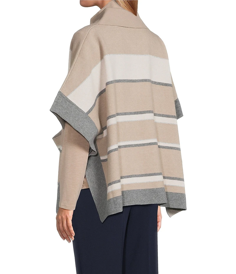 Investments Petite Size Removeable Faux Fur Collar Two-Way Zip Front Stripe Sweater Poncho