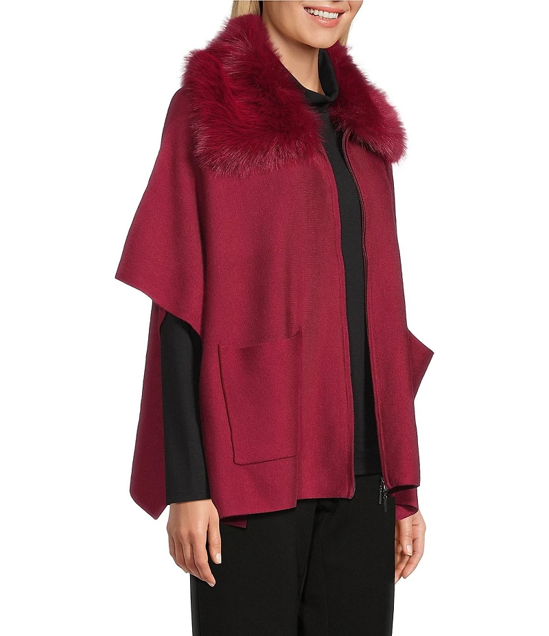 Investments Petite Size Removeable Faux Fur Collar Two-Way Zip Front Sweater Poncho