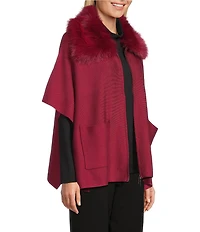 Investments Petite Size Removeable Faux Fur Collar Two-Way Zip Front Sweater Poncho