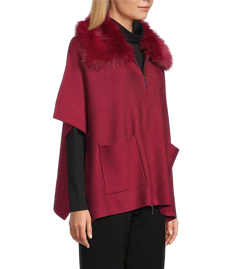 Investments Petite Size Removeable Faux Fur Collar Two-Way Zip Front Sweater Poncho