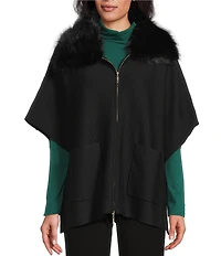Investments Petite Size Removeable Faux Fur Collar Two-Way Zip Front Sweater Poncho