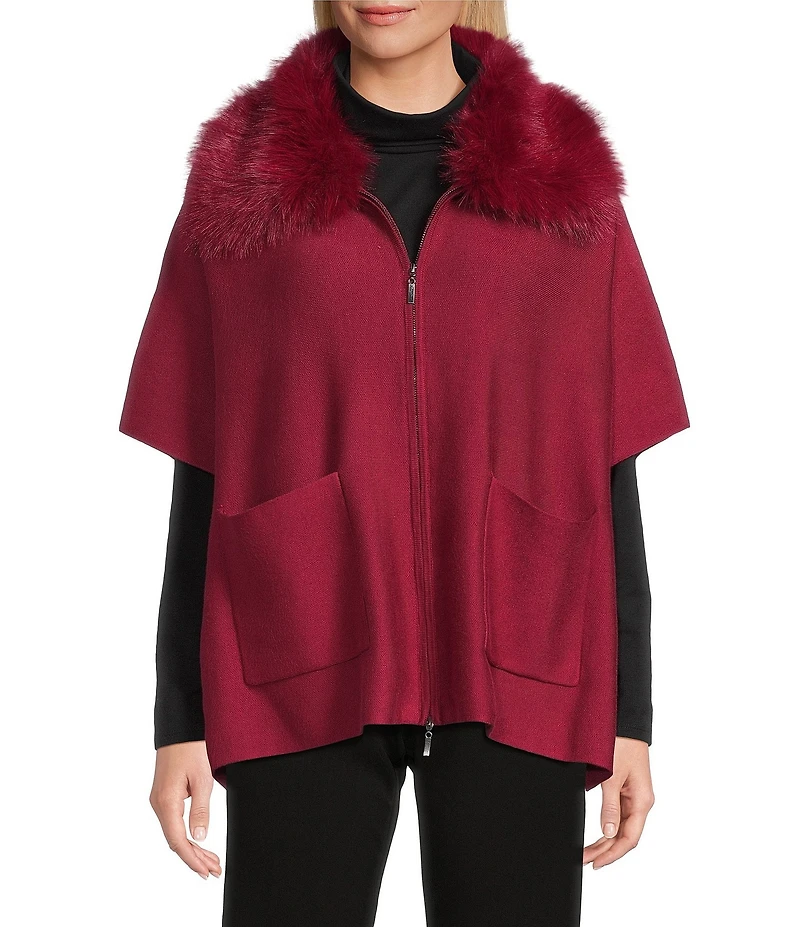 Investments Petite Size Removeable Faux Fur Collar Two-Way Zip Front Sweater Poncho