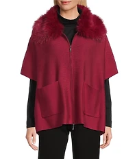 Investments Petite Size Removeable Faux Fur Collar Two-Way Zip Front Sweater Poncho