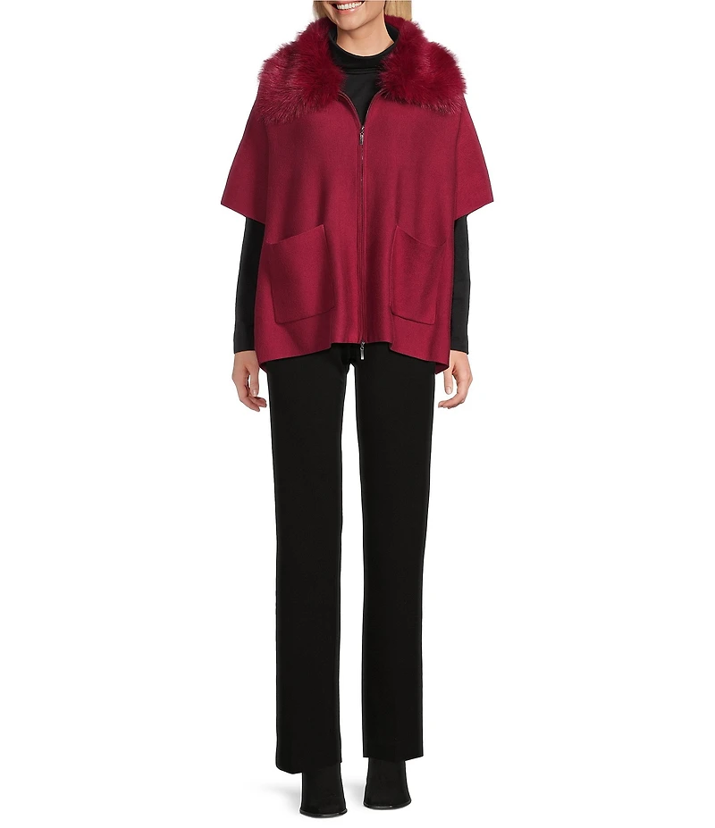 Investments Petite Size Removeable Faux Fur Collar Two-Way Zip Front Sweater Poncho
