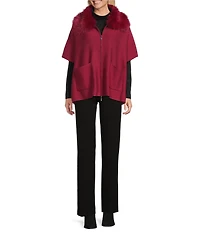 Investments Petite Size Removeable Faux Fur Collar Two-Way Zip Front Sweater Poncho