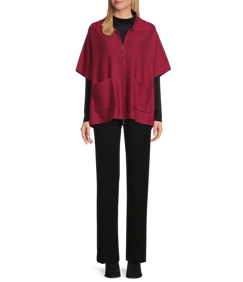 Investments Petite Size Removeable Faux Fur Collar Two-Way Zip Front Sweater Poncho