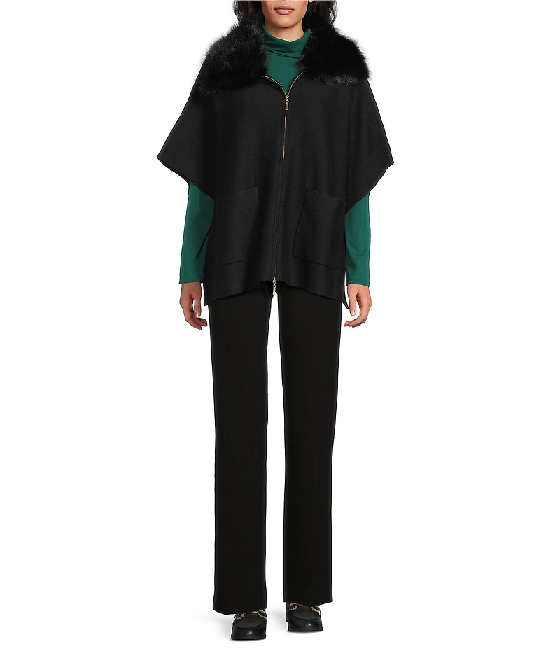 Investments Petite Size Removeable Faux Fur Collar Two-Way Zip Front Sweater Poncho