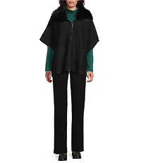 Investments Petite Size Removeable Faux Fur Collar Two-Way Zip Front Sweater Poncho