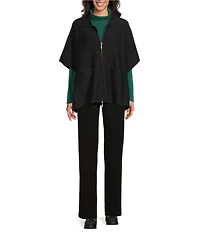 Investments Petite Size Removeable Faux Fur Collar Two-Way Zip Front Sweater Poncho