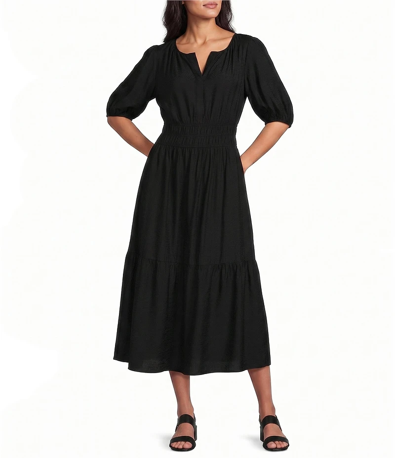 Investments Petite Size Short Cuff Sleeve Split Round Neck Maxi Crinkle Dress