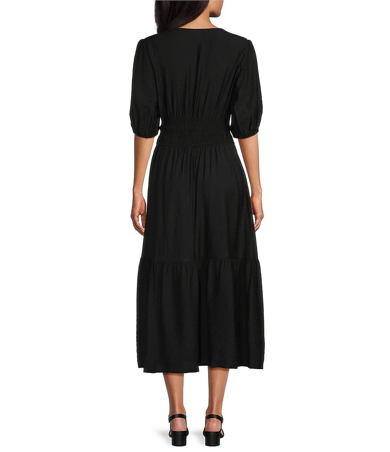 Investments Petite Size Short Cuff Sleeve Split Round Neck Maxi Crinkle Dress