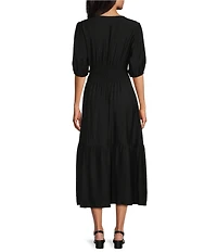 Investments Petite Size Short Cuff Sleeve Split Round Neck Maxi Crinkle Dress